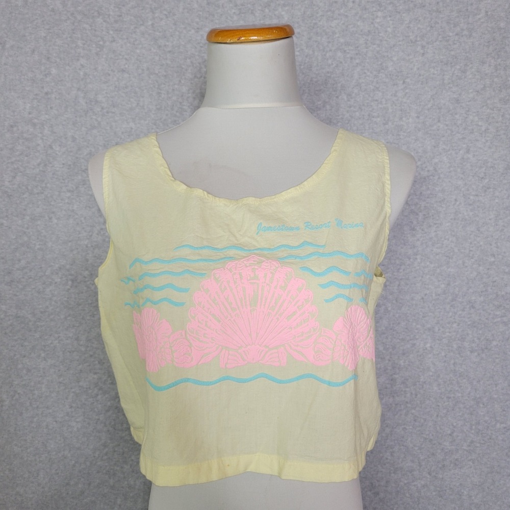 Vintage MSP Jamestown Resort Marina Yellow Shell Puff Print Crop Top Large USA